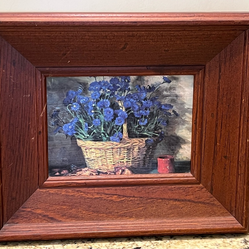 Vintage Rustic Wooden Framed Blue Floral Art
